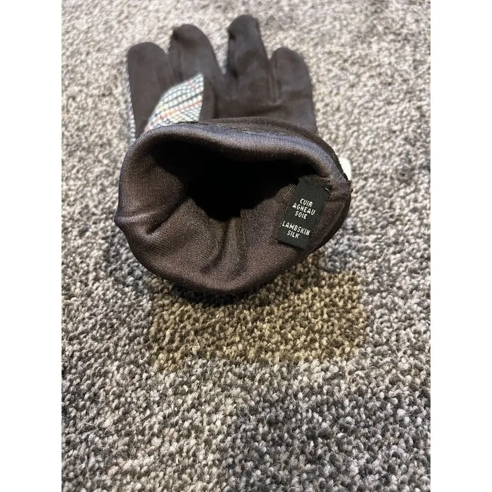 Rag & Bone Plaid Brown Lambskin Suede Black Buckle Gloves Size 8.5 Silk Lining